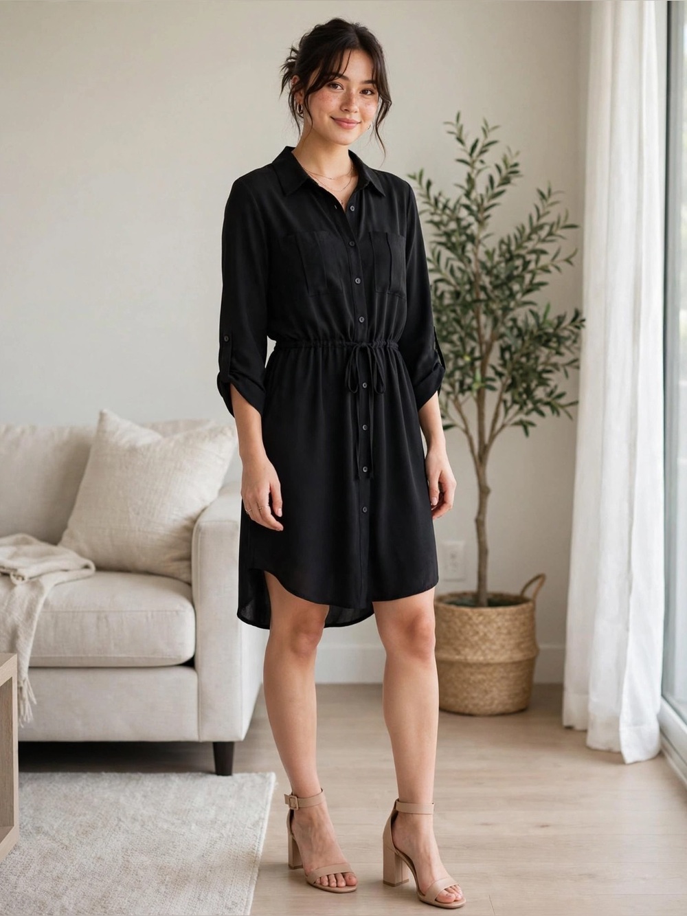 Sienna Sky Black Long Sleeve Drawstring Shirt Dress